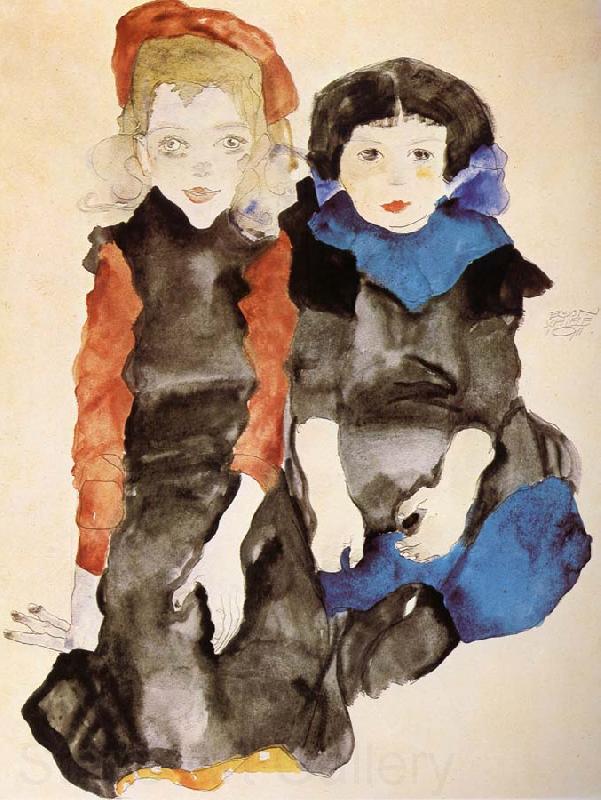 Egon Schiele Two Little Girls Norge oil painting art